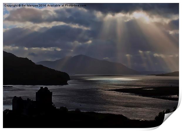 Eilean Donan Castle Sun Rays Print by Bel Menpes