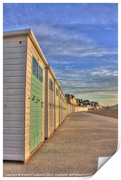 Lyme Regis beach huts Print by Graham Custance