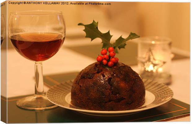 christmas pudding, sherry and holly Canvas Print by Anthony Kellaway