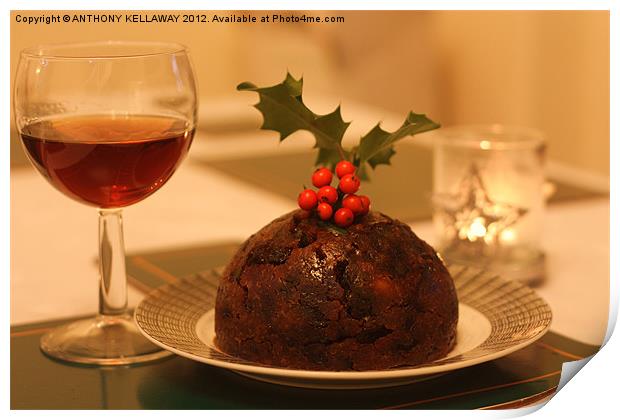 christmas pudding, sherry and holly Print by Anthony Kellaway