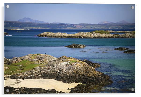 Rocky beach, Skye backdrop, West Scotland Acrylic by Linda More