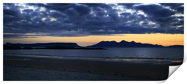 Islands of Eigg and Rum from Camusdarach, Scotland Print by Linda More
