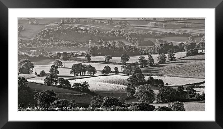 Morning light on fields - B&W version Framed Mounted Print by Pete Hemington