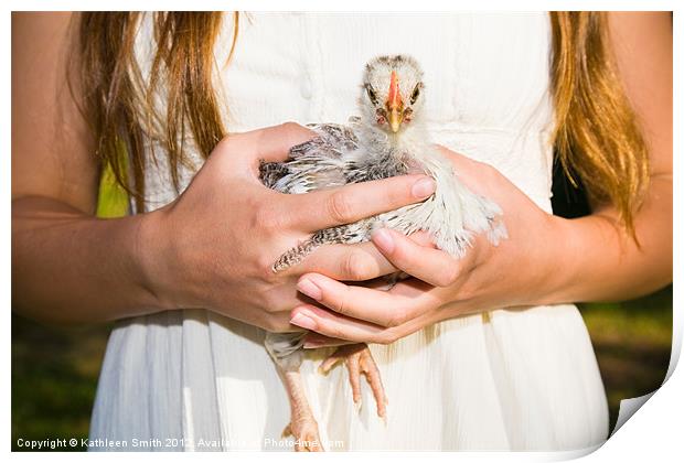 Girl holding a chicken Print by Kathleen Smith (kbhsphoto)