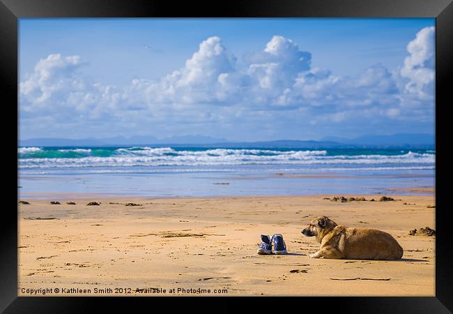 Dog and sneakers on beach Framed Print by Kathleen Smith (kbhsphoto)