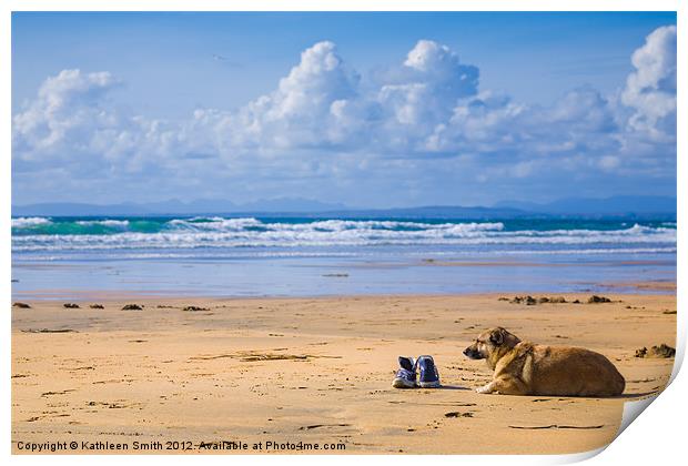 Dog and sneakers on beach Print by Kathleen Smith (kbhsphoto)