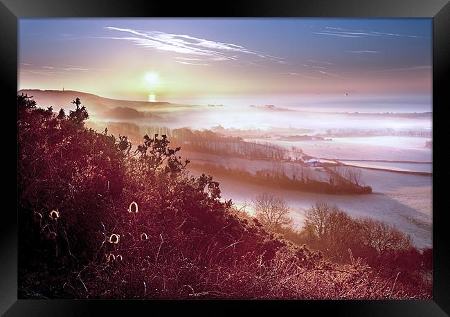 Misty Downs Sunrise Framed Print by Barry Maytum