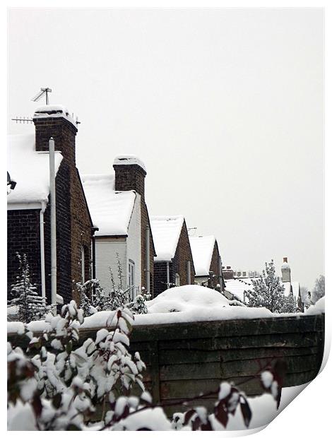 Rooftops in the snow Print by claire beevis