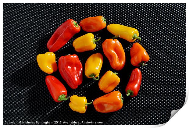 Mixed red, orange and yellow peppers Print by Nicholas Burningham