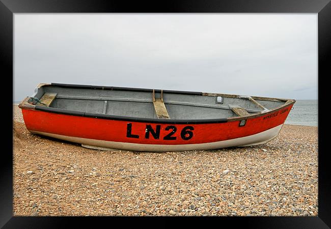 FIshing Boat, Cley Beach, North Norfolk Framed Print by Kathy Simms