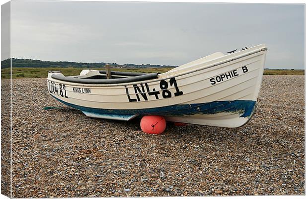 Fishing Boat, Cley Beach, North Norfolk Canvas Print by Kathy Simms