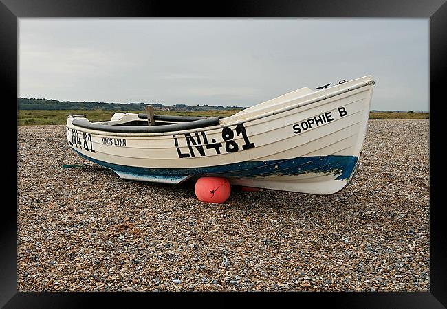 Fishing Boat, Cley Beach, North Norfolk Framed Print by Kathy Simms