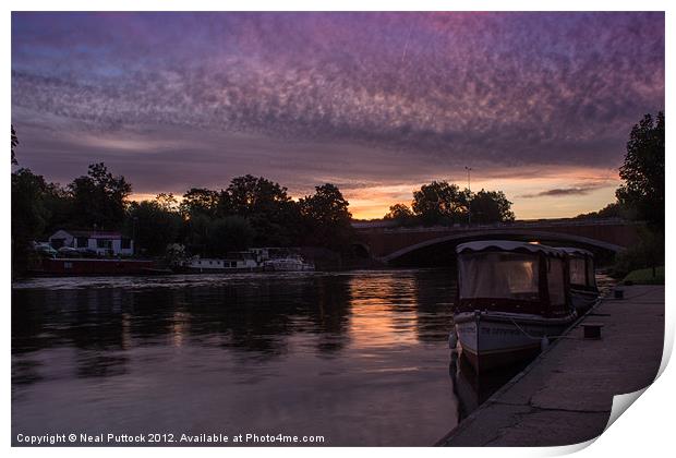 Boats on the Thames at sunrise Print by Neal P