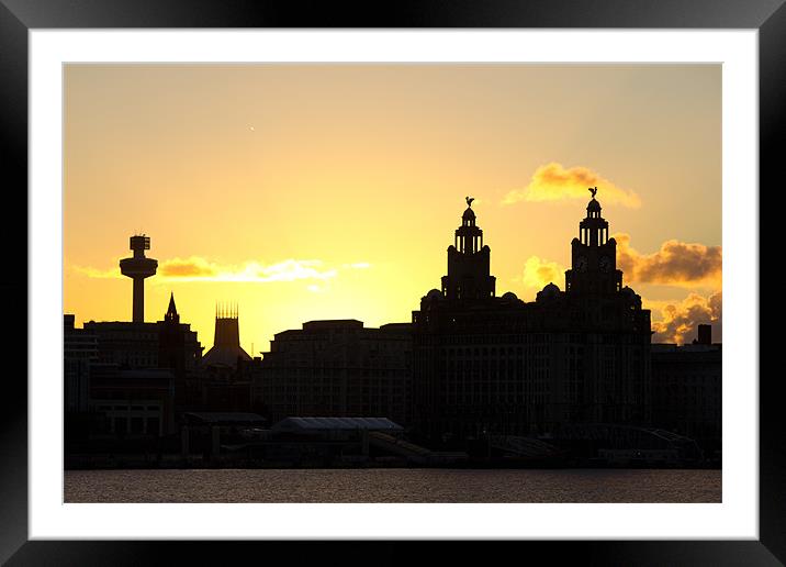 Sun rising behind the Liver Buildings Framed Mounted Print by Paul Farrell Photography