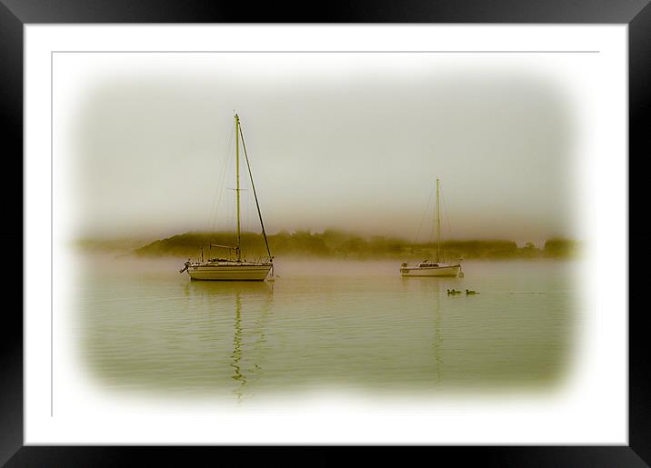 Boats in the mist sepia Framed Mounted Print by Robert Fielding