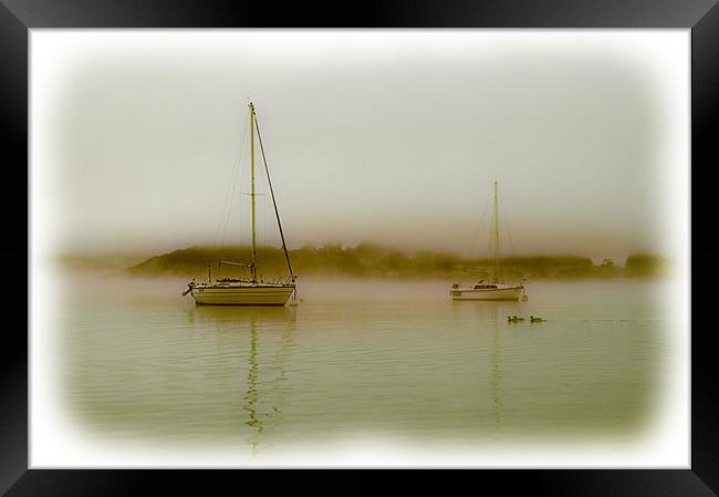 Boats in the mist sepia Framed Print by Robert Fielding