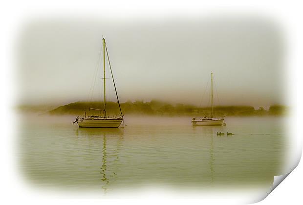 Boats in the mist sepia Print by Robert Fielding