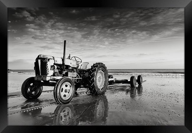 Cromer Beach tractor Framed Print by Simon Wrigglesworth