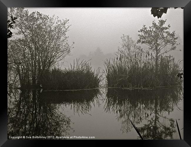 Reflections on a foggy lake Framed Print by Sue Bottomley