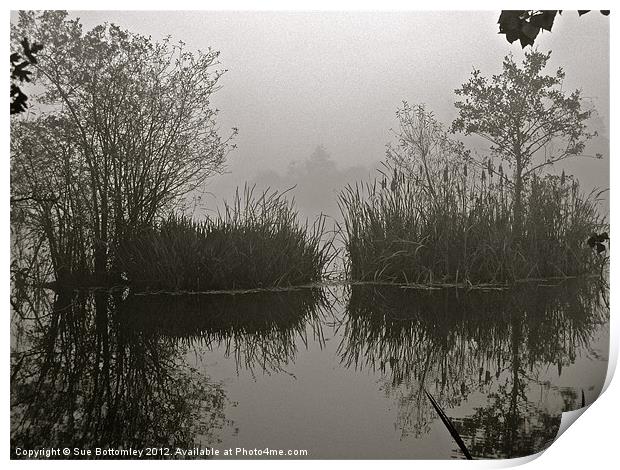 Reflections on a foggy lake Print by Sue Bottomley