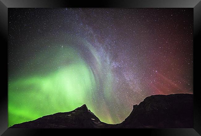 Aurora Borealis and The Milky Way Framed Print by jordan whipps