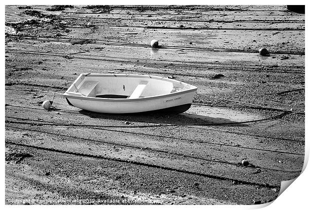 White dinghy at low tide Print by Louise Heusinkveld