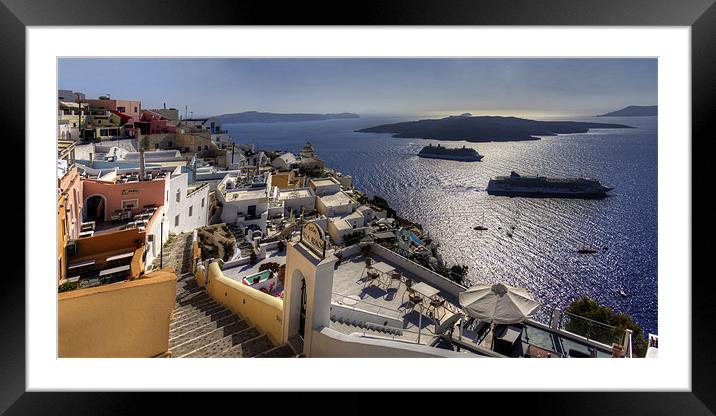 Cruise Ships in the Caldera Framed Mounted Print by Tom Gomez