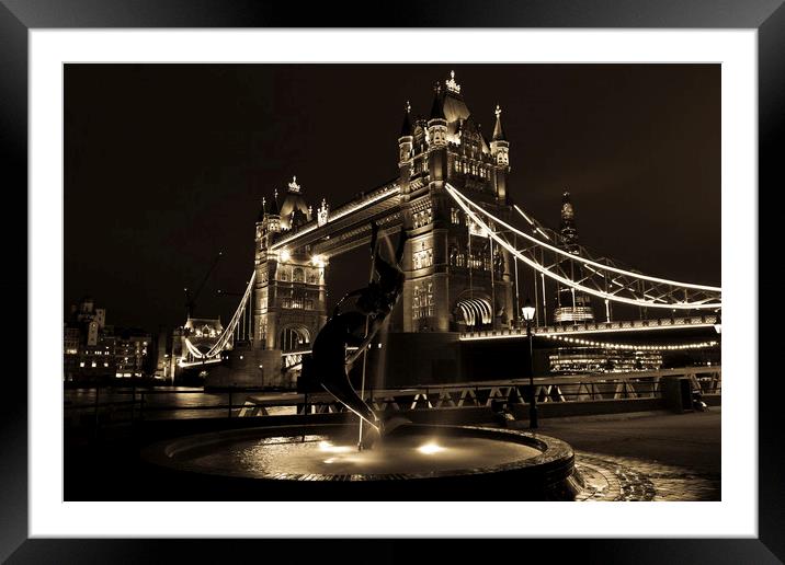 Tower Bridge And The Girl and Dolphin Statue Framed Mounted Print by David Pyatt