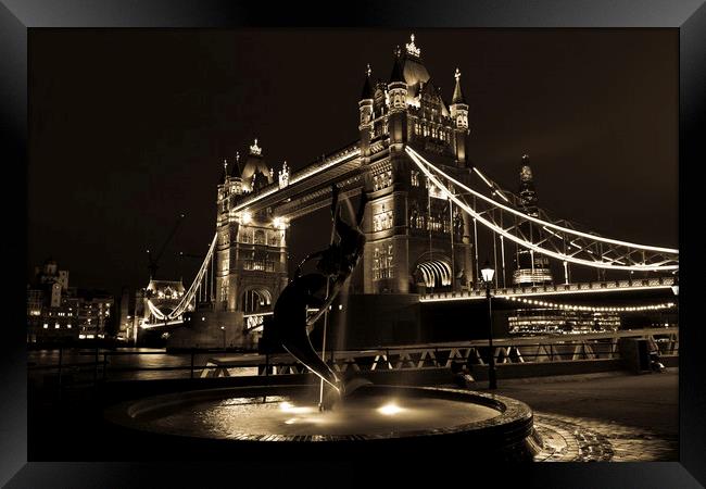 Tower Bridge And The Girl and Dolphin Statue Framed Print by David Pyatt
