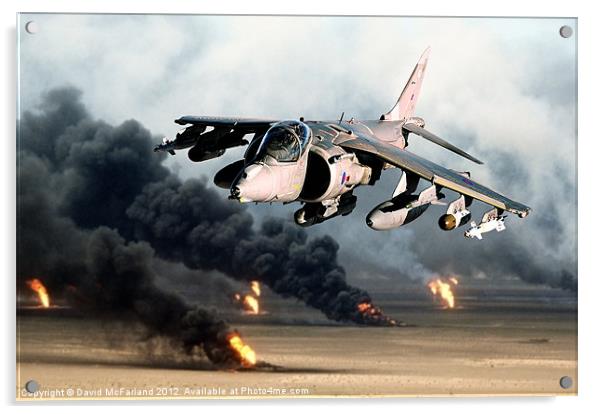 Low-level Harrier over burning oil wells Acrylic by David McFarland