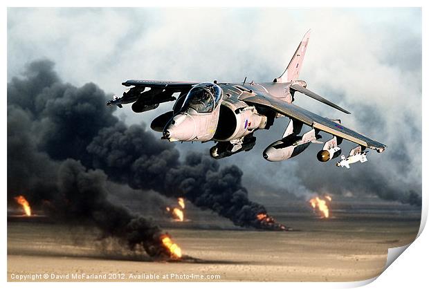 Low-level Harrier over burning oil wells Print by David McFarland