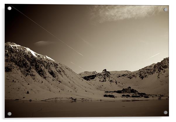 Tignes, France in Sepia Acrylic by Roger Cruickshank