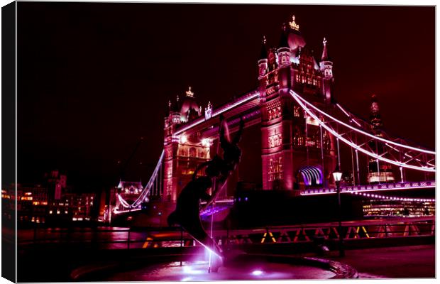Tower Bridge And The Girl and Dolphin Statue Canvas Print by David Pyatt