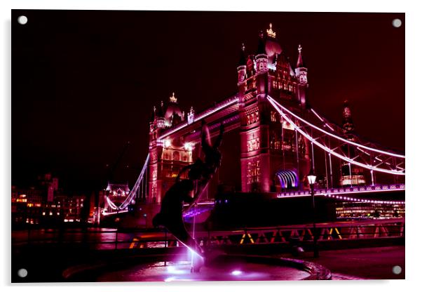 Tower Bridge And The Girl and Dolphin Statue Acrylic by David Pyatt