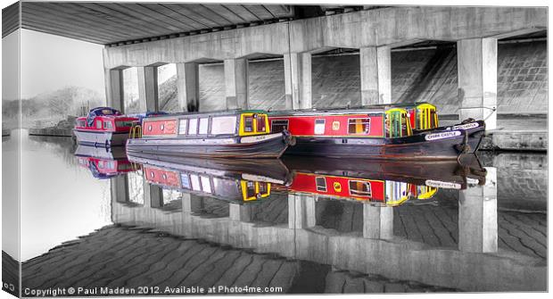 Canal Barges Under The Bridge Canvas Print by Paul Madden