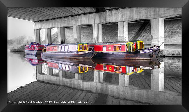 Canal Barges Under The Bridge Framed Print by Paul Madden