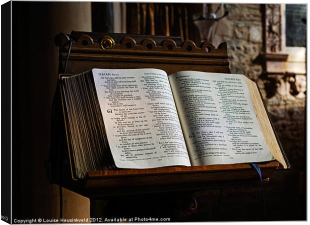 Bible open on a lectern Canvas Print by Louise Heusinkveld