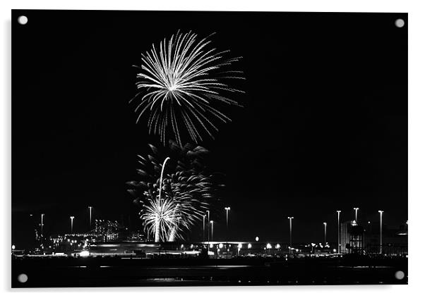 fireworks in black and white Acrylic by Donna Collett