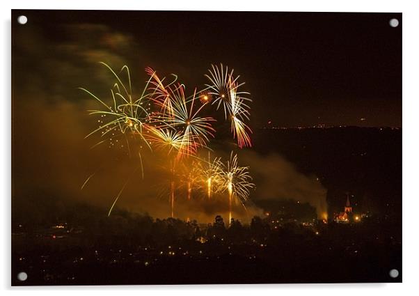 Brockham Fireworks And Church Acrylic by Clive Eariss