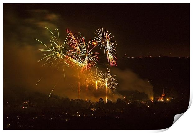 Brockham Fireworks And Church Print by Clive Eariss