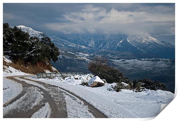 Snow in Malaga mountains Print by Barry Foote