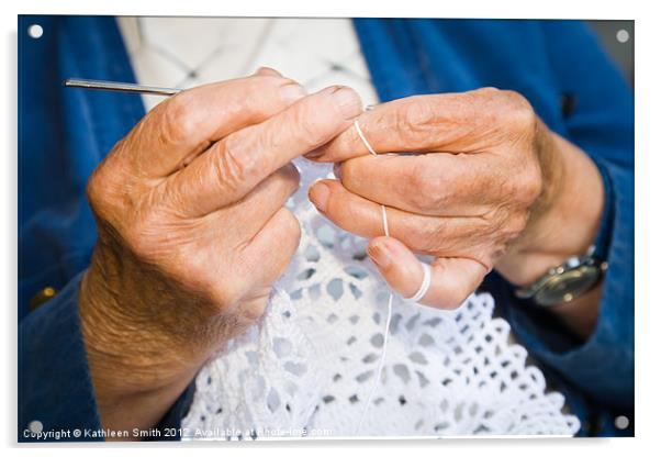 Elderly woman crocheting Acrylic by Kathleen Smith (kbhsphoto)