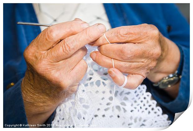 Elderly woman crocheting Print by Kathleen Smith (kbhsphoto)