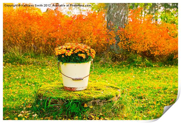 Orange Chrysanthemums in a bucket Print by Kathleen Smith (kbhsphoto)