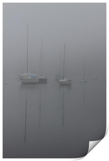 Boats in sea mist Print by Gillian Stevens