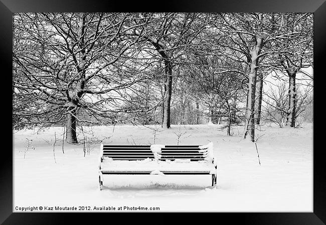Snow covered park bench Framed Print by Kaz Moutarde