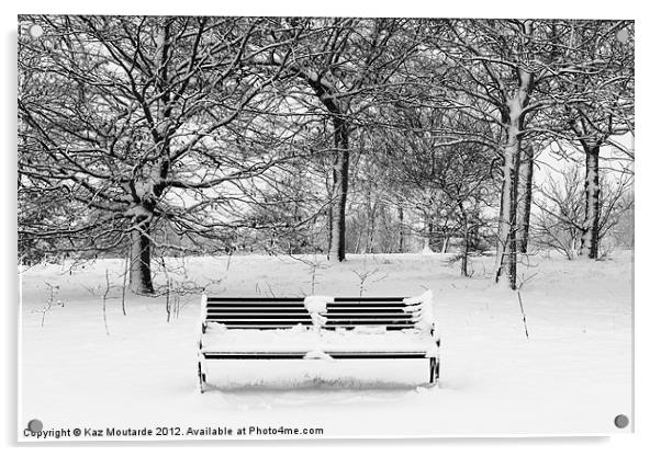 Snow covered park bench Acrylic by Kaz Moutarde