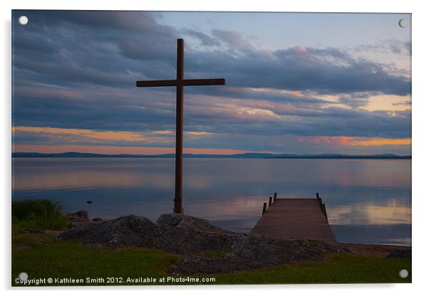 Cross by jetty at sunset Acrylic by Kathleen Smith (kbhsphoto)