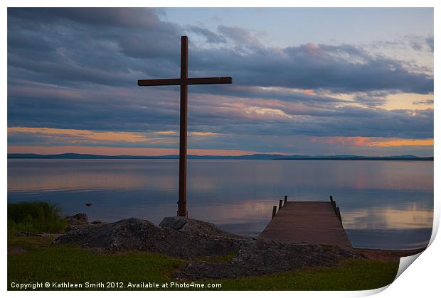 Cross by jetty at sunset Print by Kathleen Smith (kbhsphoto)