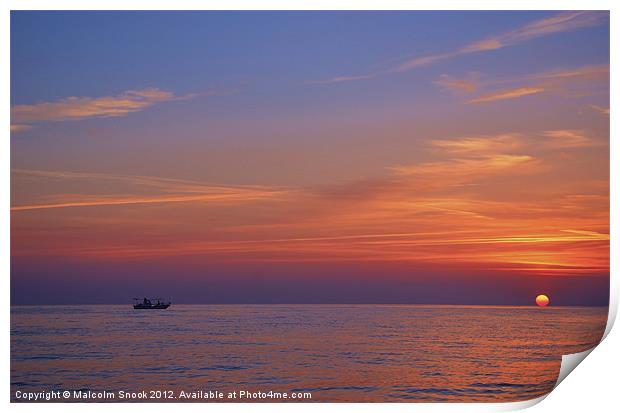 Fishing boat at sunset Print by Malcolm Snook